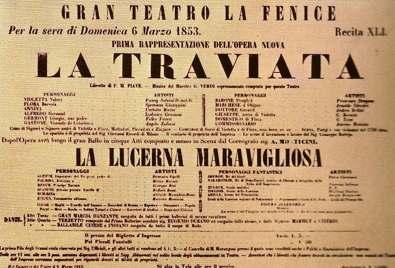 Affiche voor de eerste opvoering van La Traviata.