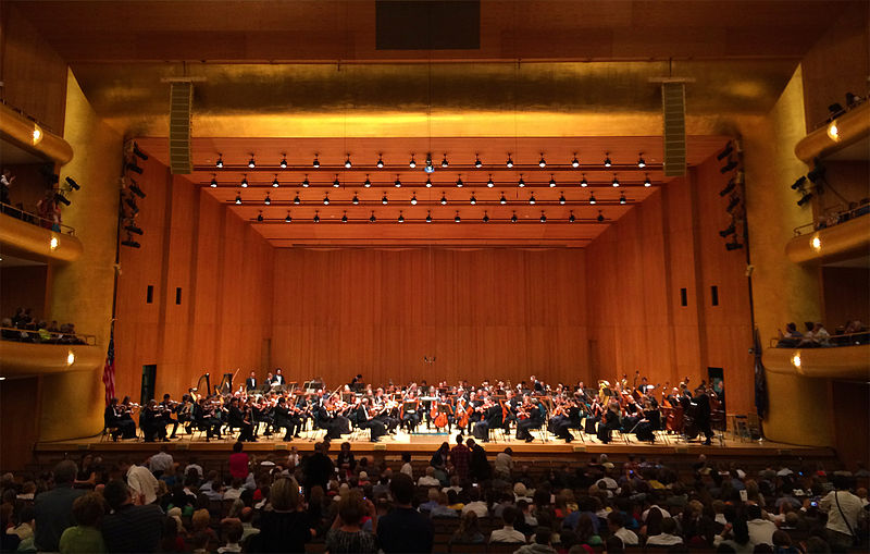 English:  The Utah Symphony seated on stage at Abravanel Hall in Salt Lake City, Utah, USA.