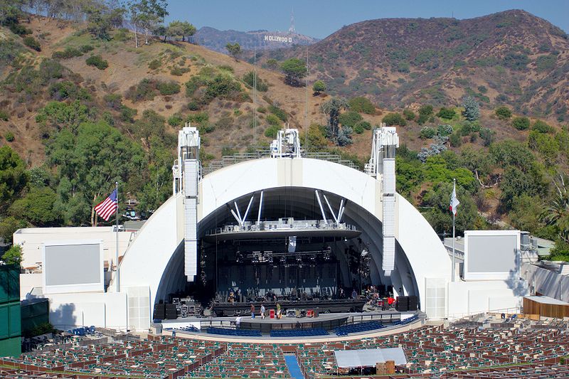 The Hollywood Bowl amphitheatre, stage and Hollywood sign in mountains behind