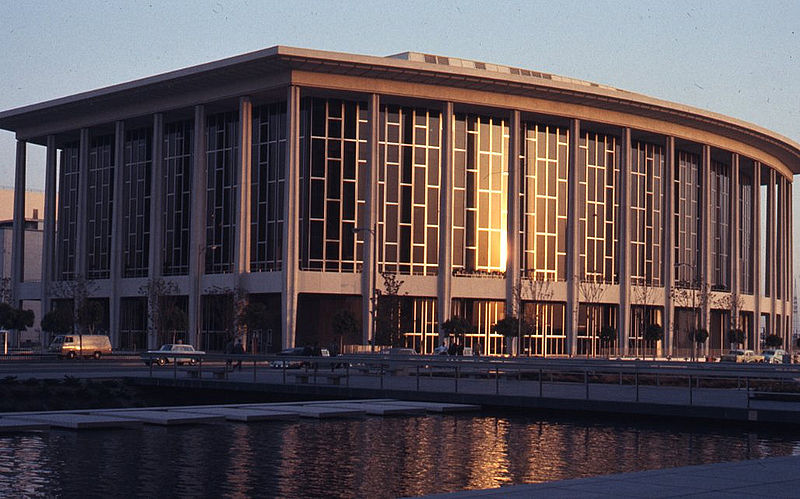 English:   Dorothy Chandler Pavilion in 1965 — at the Los Angeles Music Center on Bunker Hill, in Downtown Los Angeles. View southeast across the DWP Building fountain.