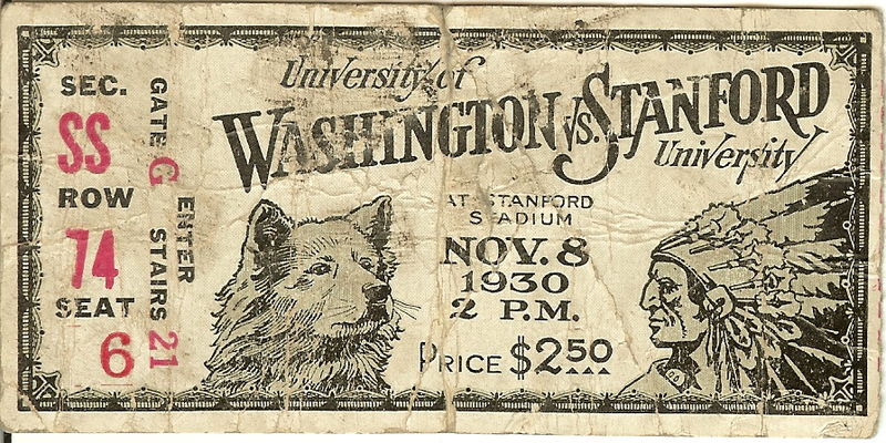 English:   The front side of a 1930 ticket stub from the University of Washington vs. Stanford University football game on November 8th at Stanford stadium.  Includes the Husky and Indian mascot images.  The Indian mascot was adopted by Stanford in 1930, but abandoned in 1972 after Native Americans expressed objections.