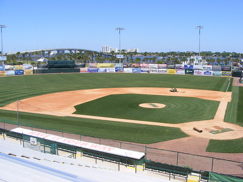 English:   The infield at Jackie Robinson Ballpark, at Daytona Beach, Florida. View from the bleachers.