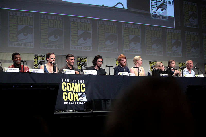 English:  John Boyega, Daisy Ridley, Oscar Isaac, Adam Driver, Domhnall Gleeson, Gwendoline Christie, Carrie Fisher, Mark Hamill and Harrison Ford speaking at the 2015 San Diego Comic Con International, for 
