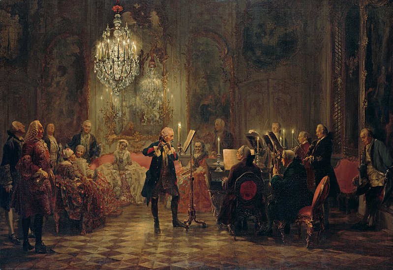 Middle: Frederick the Great; far right: Johann Joachim Quantz, the king's flute teacher; to his left with a violin and wearing dark clothing: Franz Benda; leftmost in the foreground: Gustav Adolf von Gotter; behind him: Jakob Friedrich von Bielfeld; behind him, looking at the ceiling: Pierre Louis Maupertuis; in the background, sitting on a pink sofa: Wilhelmine of Bayreuth; on her right: Amalie of Prussia with a maid of honor; behind them, Carl Heinrich Graun; the elderly lady behind the music stand: Sophie Caroline; behind her: Egmont of Chasot; at the harpsichord: Carl Philipp Emanuel Bach.