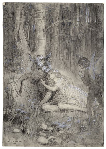 English:   A drawing of Puck, Titania and Bottom in A Midsummer Night's Dream from Act III, Scene ii.