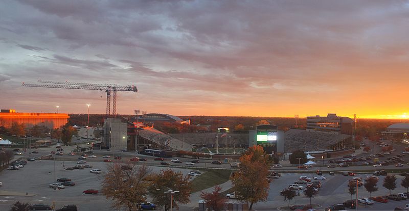 English:  Faurot Field at sunset taken from the eighth floor of Laws Hall.