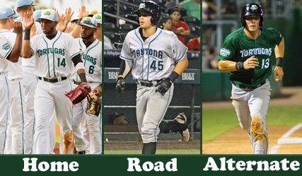 English:   A picture of the different Daytona Tortugas uniforms: Home, Road & Alternate