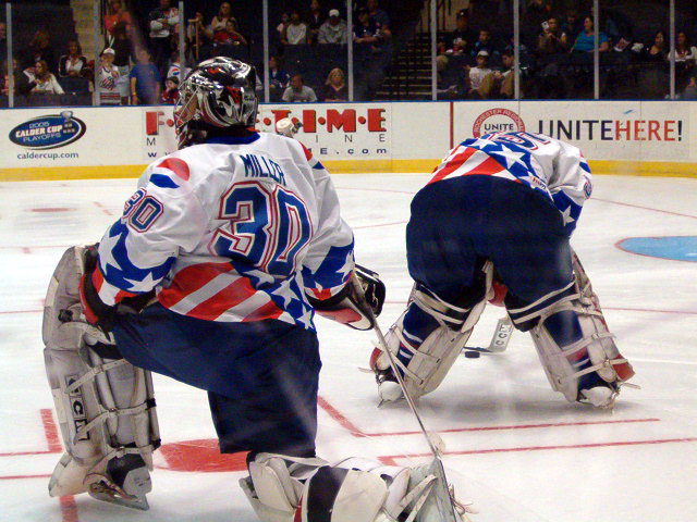 Ryan Miller and Tom Askey warming up for a game of the Rochester Americans