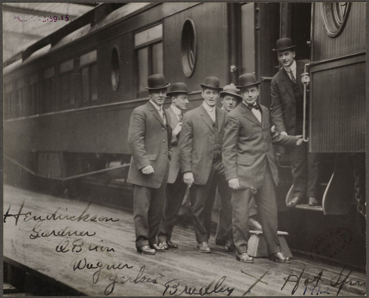 Left to right: Olaf Hendrikson, Larry Gardner, Buck O'Brien, Heinie Wagner, Steve Yerkes and Hugh Bradley boarding train.  Players for the Boston Red Sox boarding a train in Hot Springs, AR during spring training